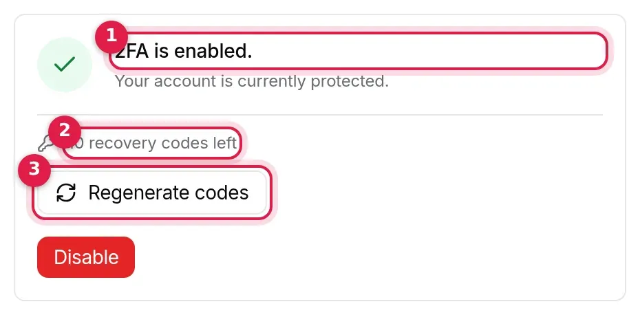 2FA enabled: “Your account is currently protected”, 10 recovery codes remaining, Regenerate codes and Disable buttons