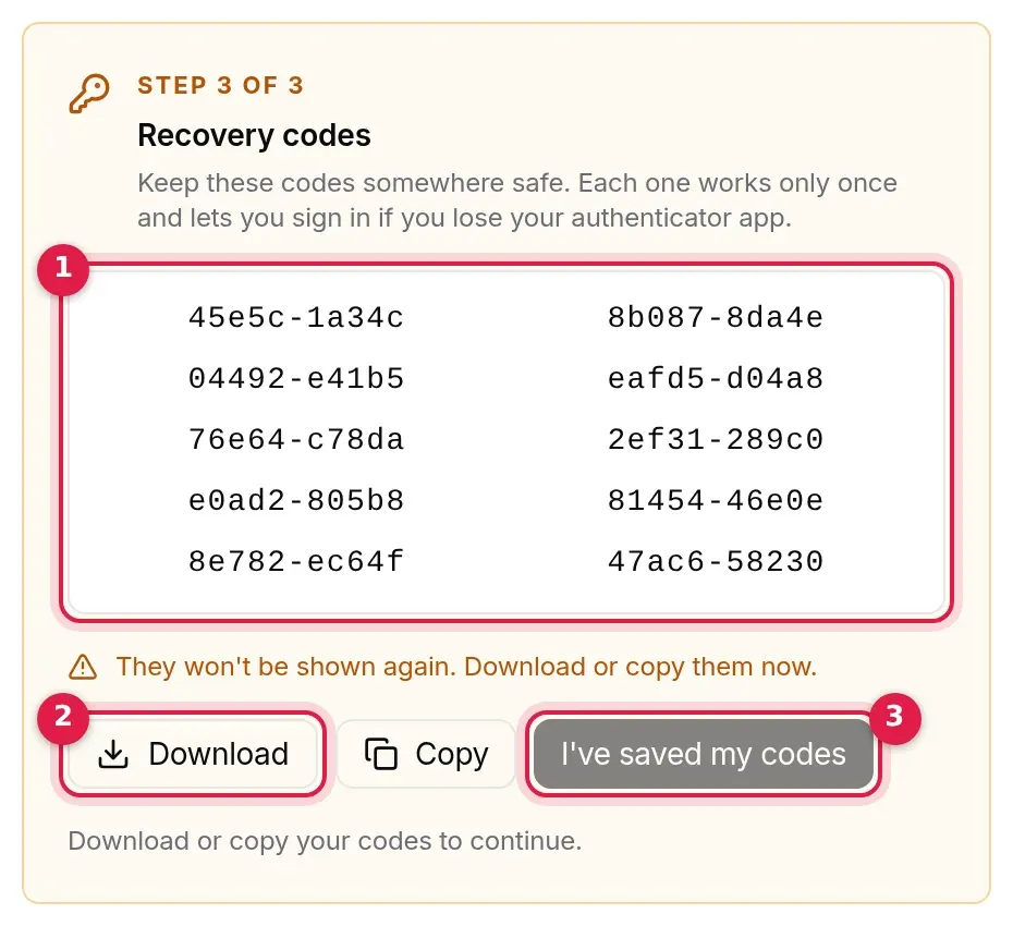 Step 3 of 3: ten recovery codes, Download, Copy and I’ve saved my codes buttons