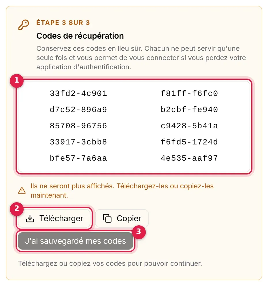 Étape 3 sur 3 : dix codes de récupération, boutons Télécharger, Copier et J’ai sauvegardé mes codes