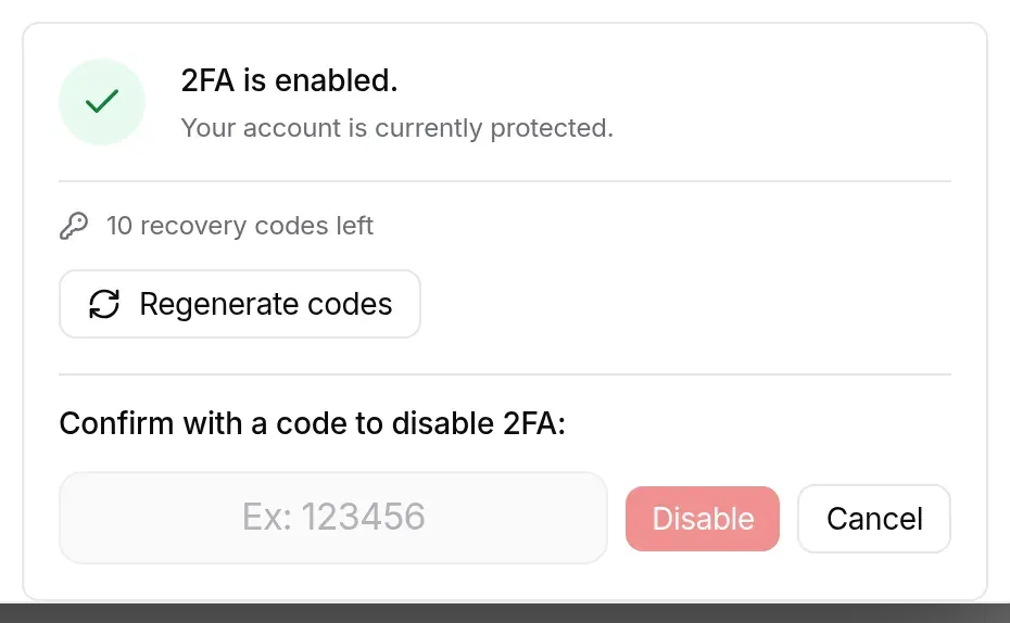 Disable confirmation: code field and Disable and Cancel buttons