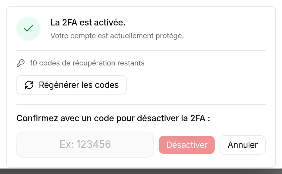 Confirmation de désactivation : champ du code et boutons Désactiver et Annuler