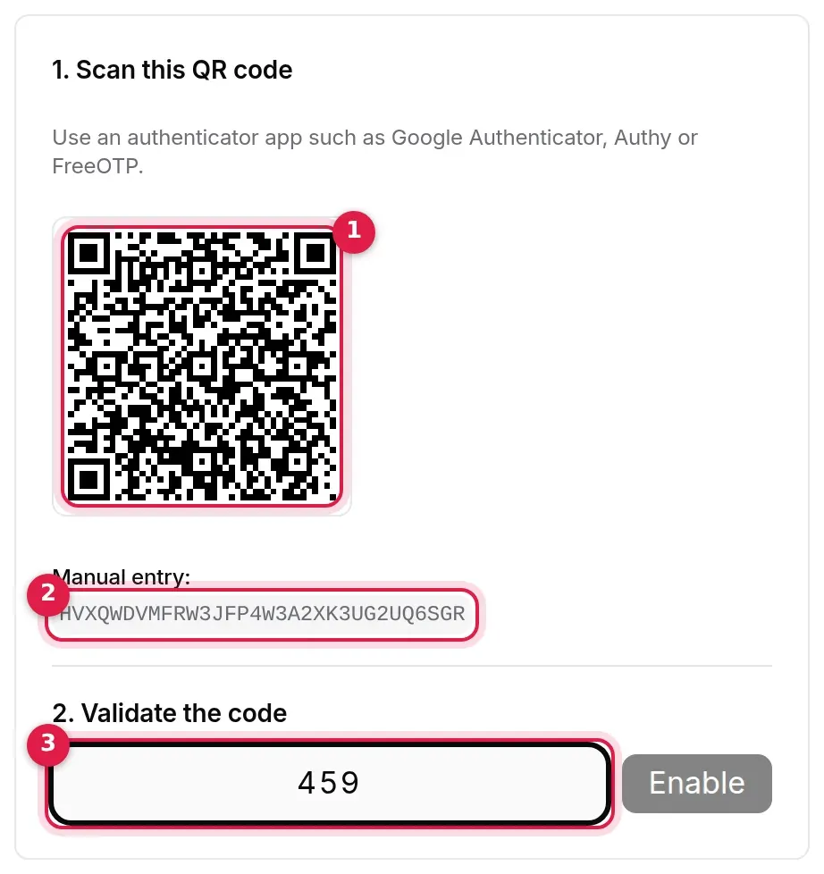 Steps 1 and 2: QR code, manual-entry key, code field and Enable button