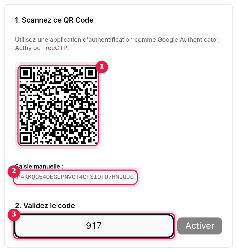 Étapes 1 et 2 : QR code, clé de saisie manuelle, champ du code et bouton Activer