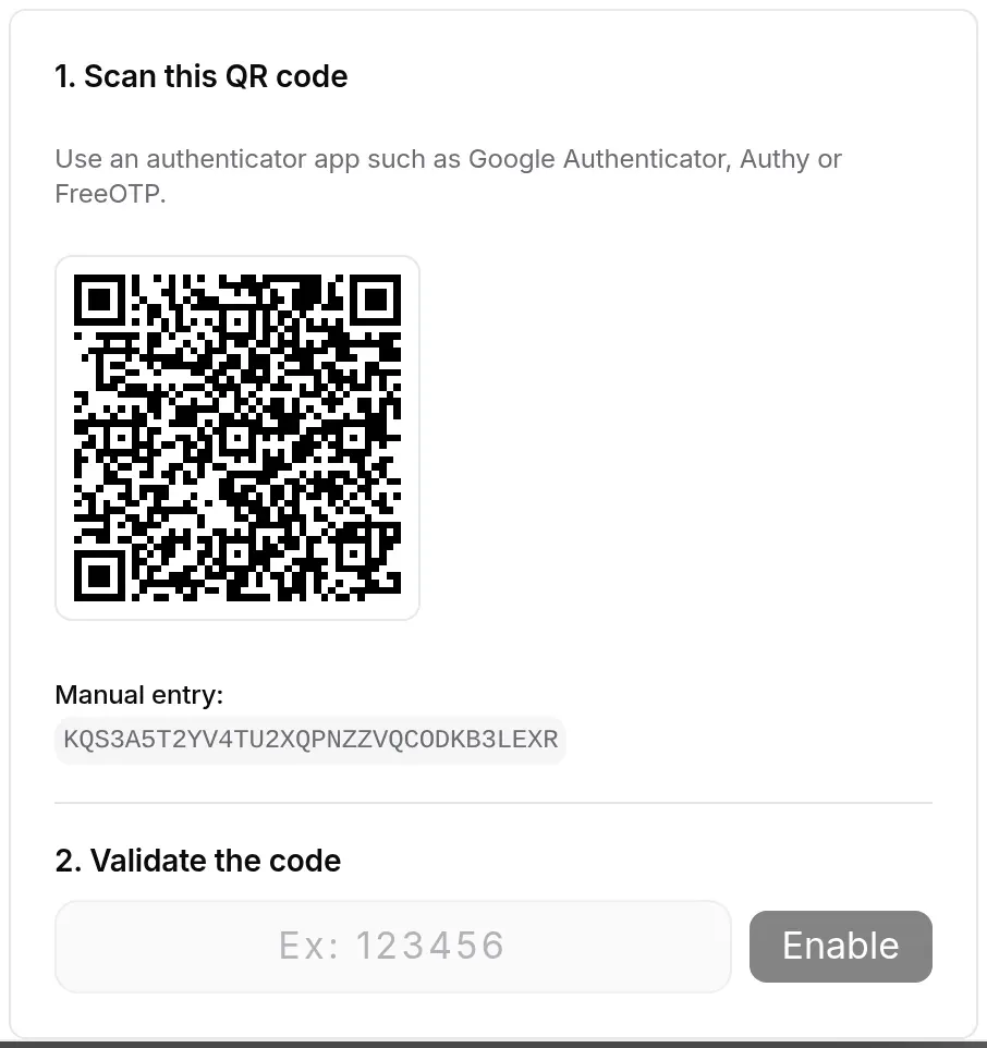 Step 1: scan the QR code; step 2: validate the code
