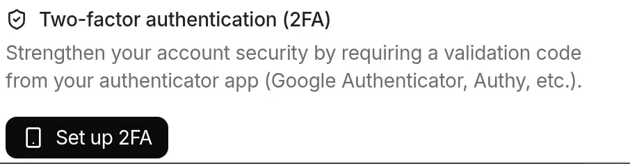 The “Two-factor authentication (2FA)” section of the settings