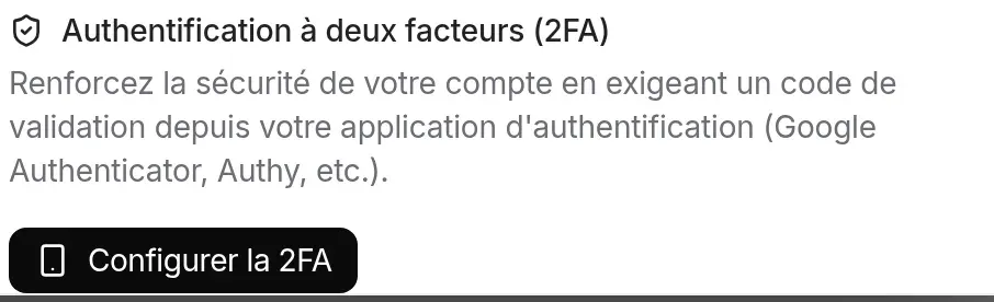 Section « Authentification à deux facteurs (2FA) » des paramètres