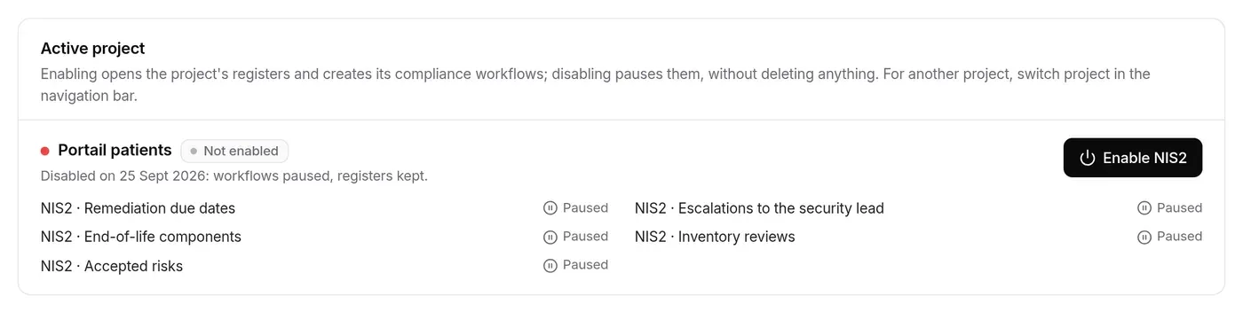 Active project section for Portail patients: NIS2 not enabled, workflows paused, Enable NIS2 button