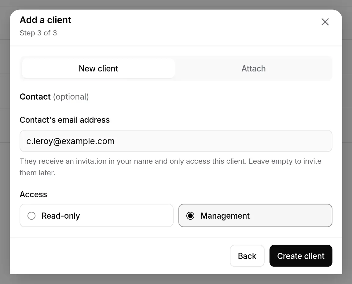 Step 3: client contact, Management profile