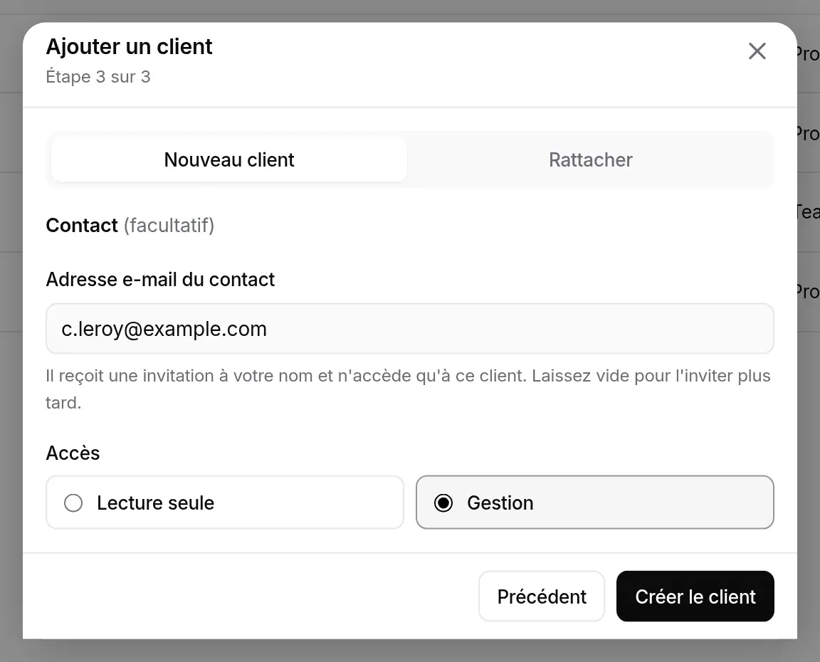 Étape 3 : contact du client, profil Gestion