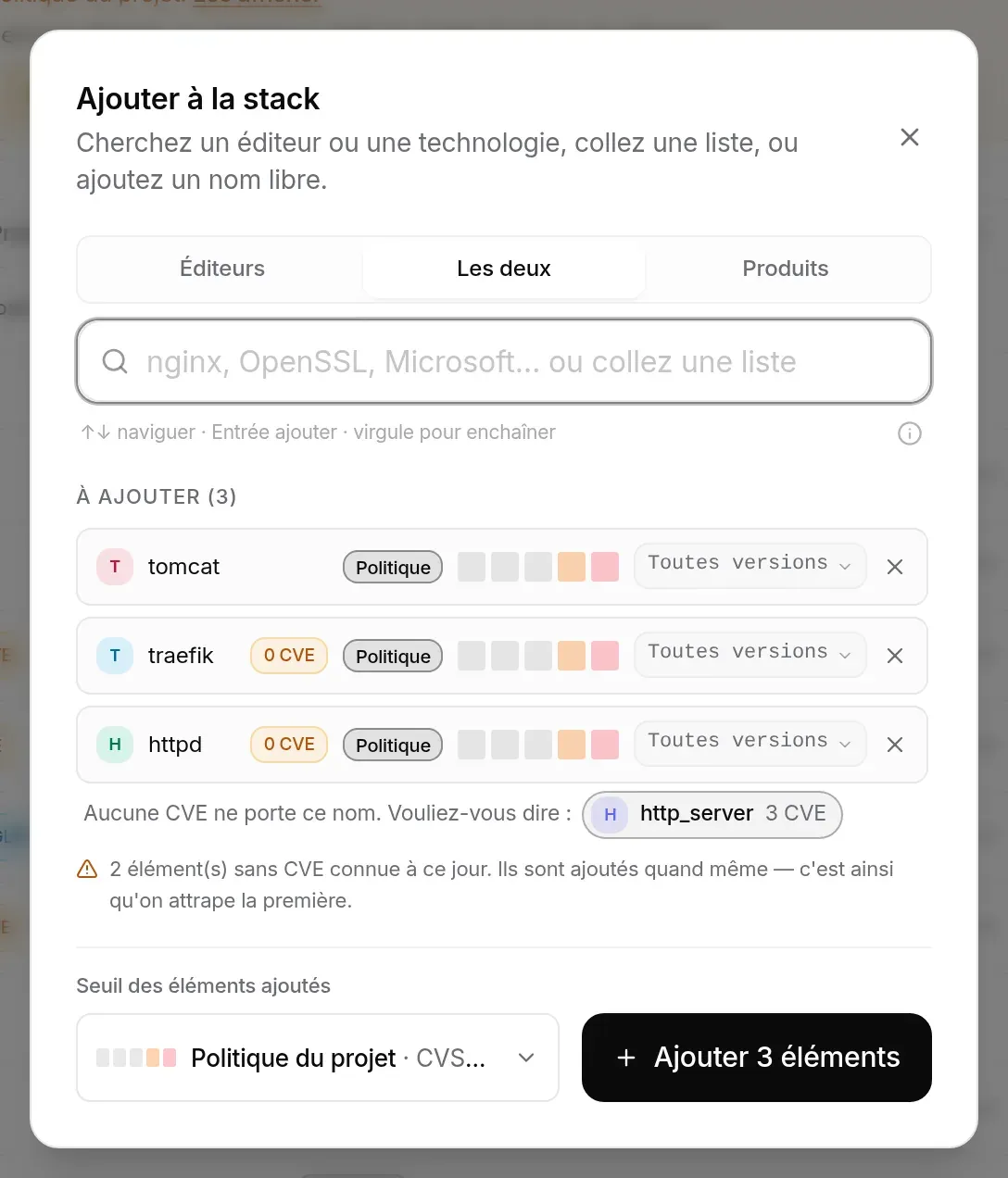 File d’ajout : httpd n’apparaît dans aucune CVE, la fenêtre propose http_server (3 CVE)