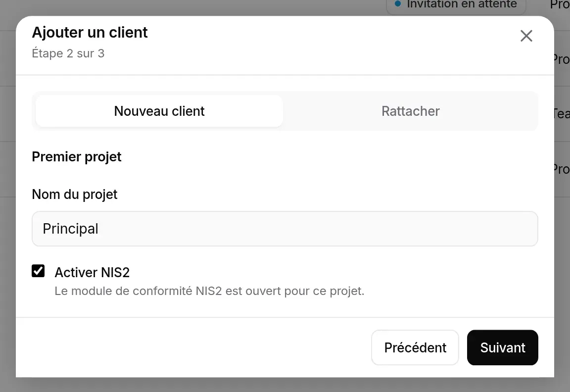 Étape 2 : premier projet, NIS2 activé