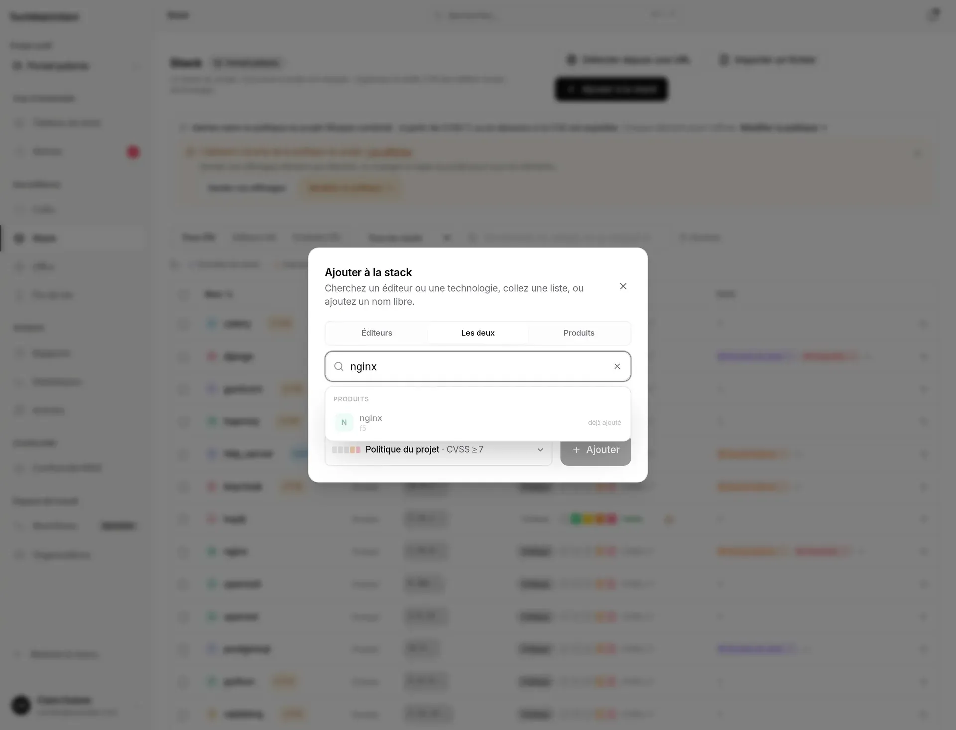 Suggestions pour « nginx » : le produit est déjà dans la stack