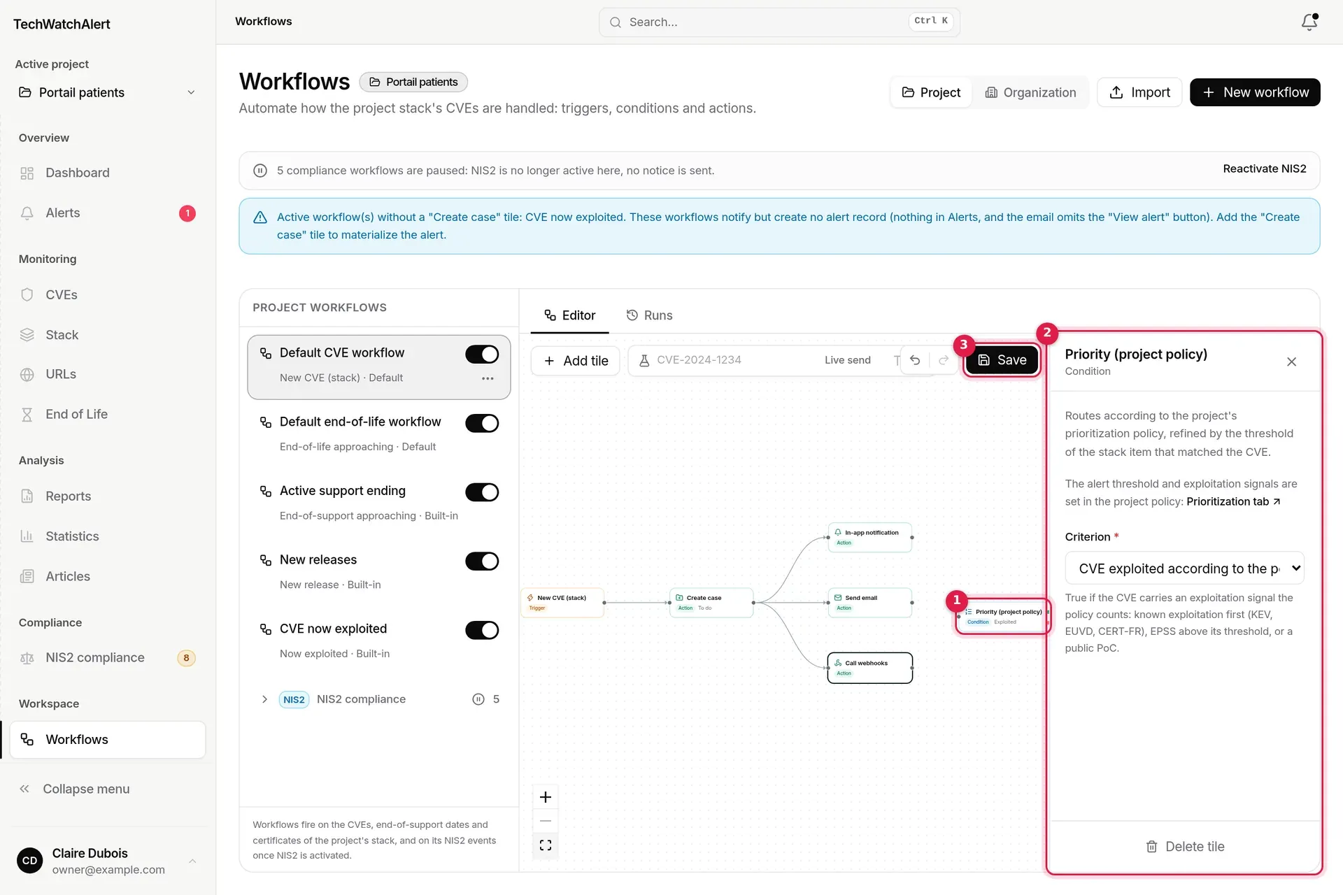 Adding a Priority condition: the tile is added to the diagram, its settings panel is open, Save becomes active