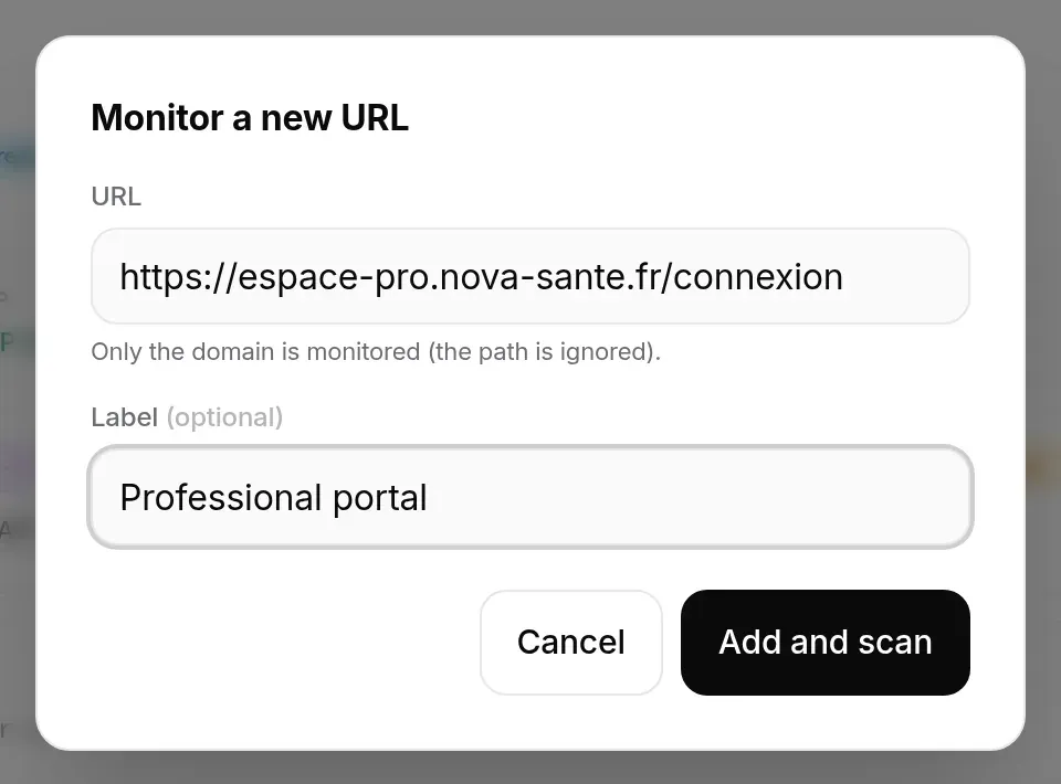 The “Monitor a new URL” window, filled in