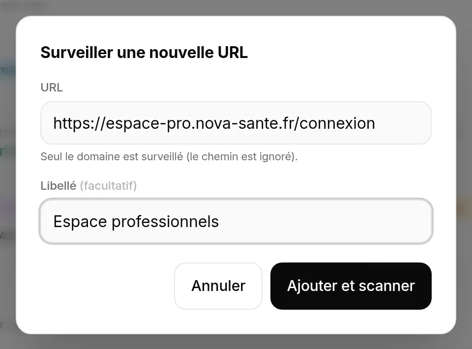 Fenêtre « Surveiller une nouvelle URL », remplie