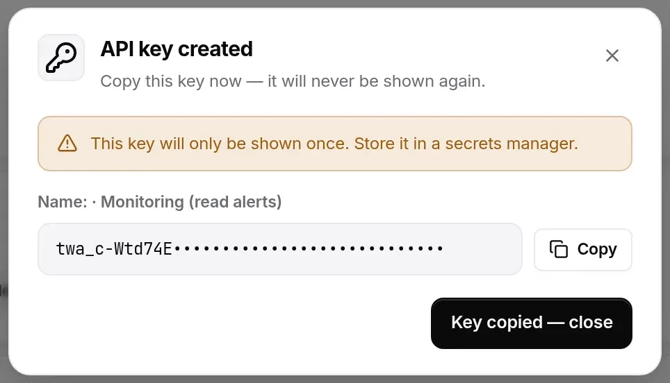 API key created window: warning, key masked for this screenshot, Copy button