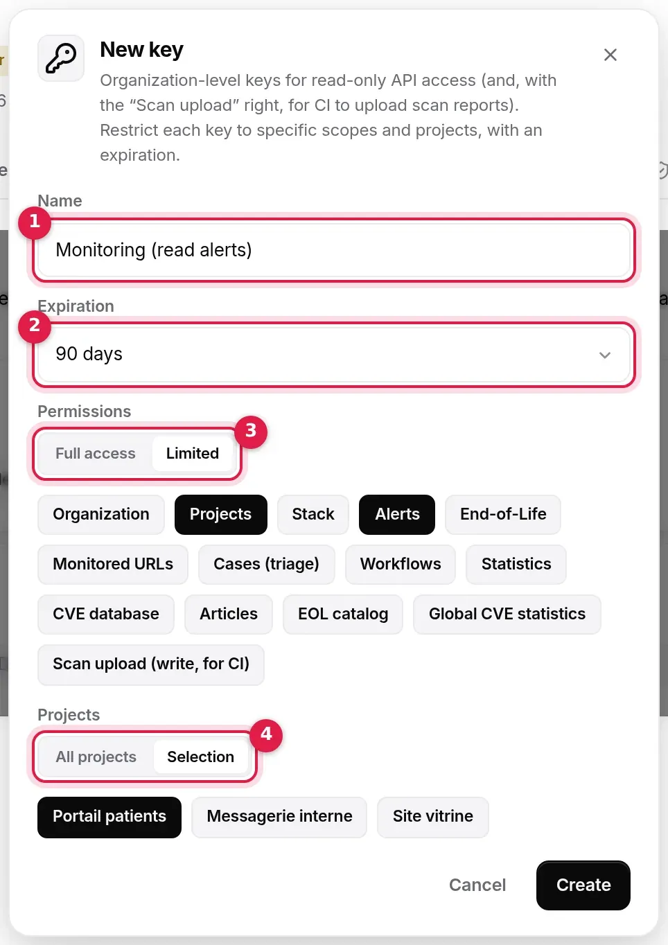 New key window: name, 90-day expiry, limited permissions (Projects, Alerts), Portail patients project