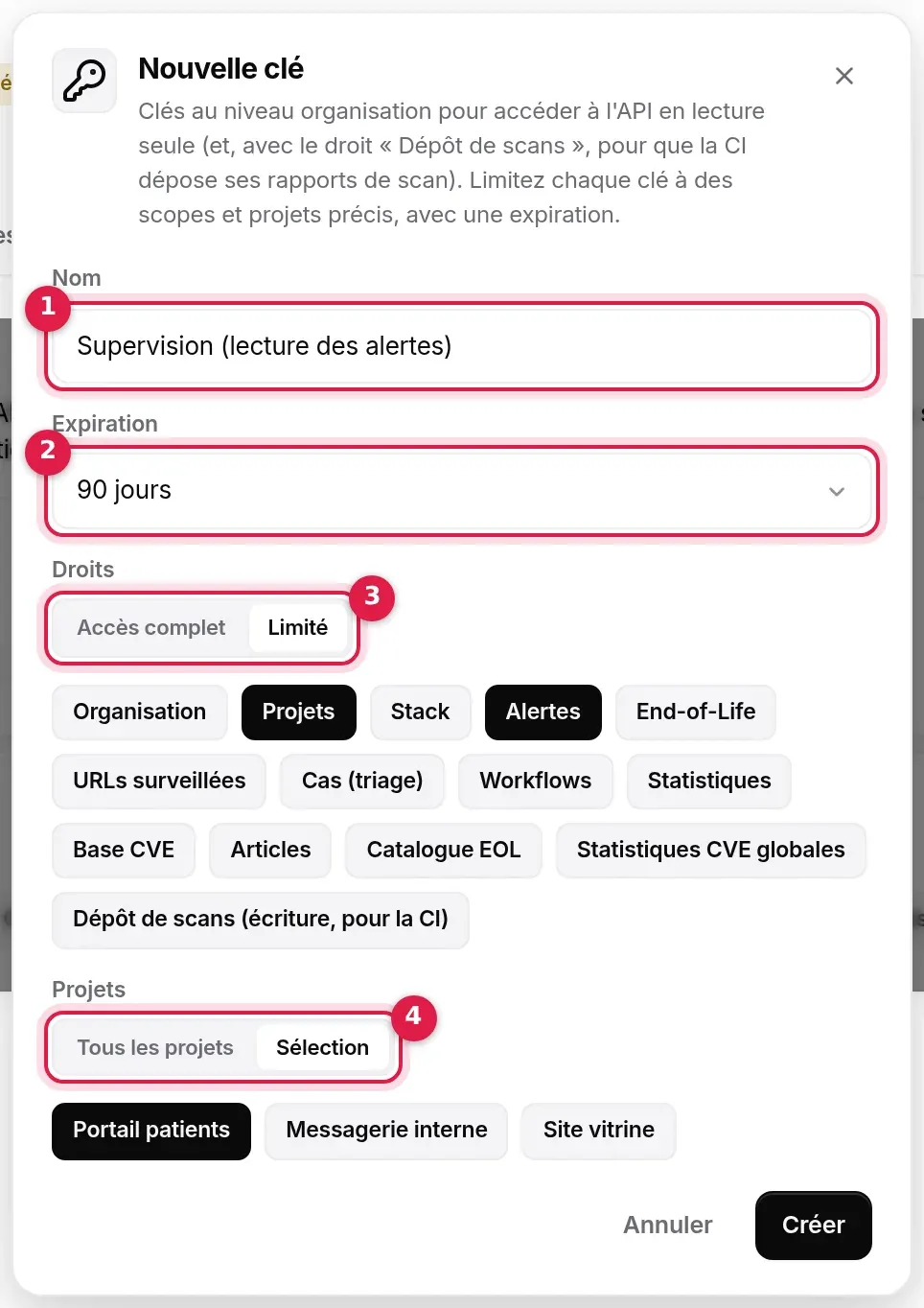Fenêtre Nouvelle clé : nom, expiration 90 jours, droits limités (Projets, Alertes), projet Portail patients