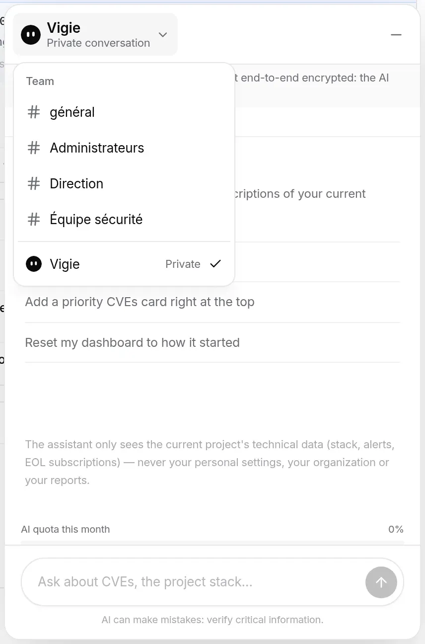 The channel switcher open: the team channels, then Vigie, ticked