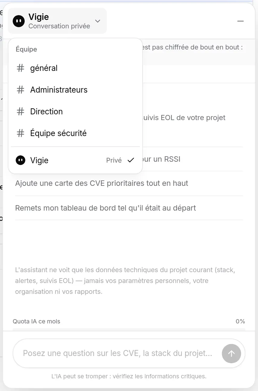 Le sélecteur de canaux ouvert : les canaux de l’équipe, puis Vigie, cochée