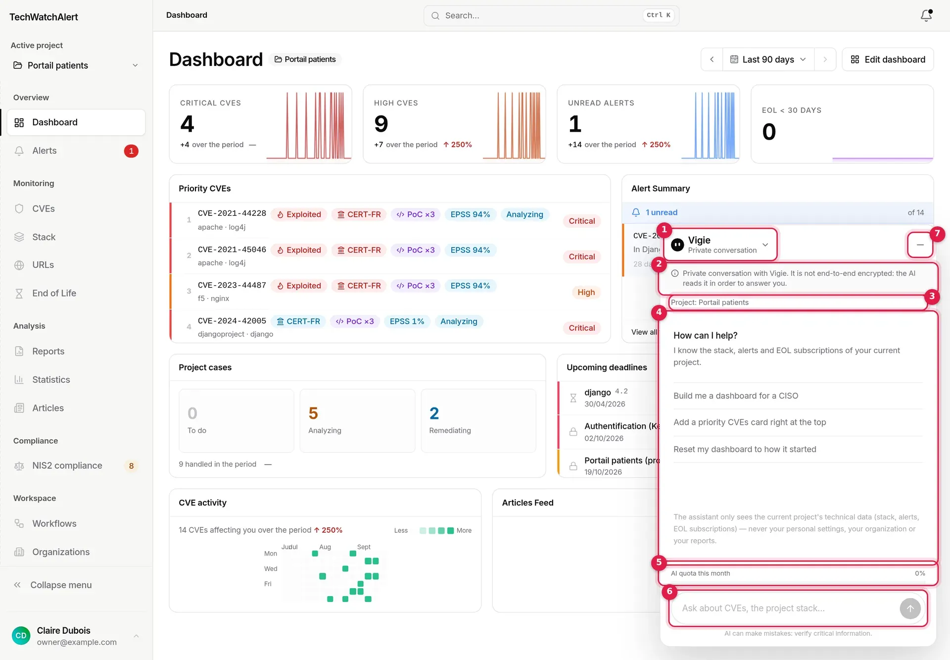 The private conversation with Vigie, open on the dashboard
