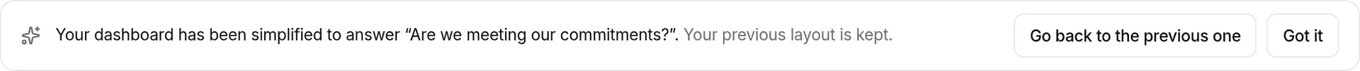 Banner: your dashboard has been simplified to answer “Are we meeting our commitments?”, with Go back to the previous one and Got it