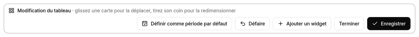 Barre d’édition : Définir comme période par défaut, Défaire, Ajouter un widget, Terminer, Enregistrer