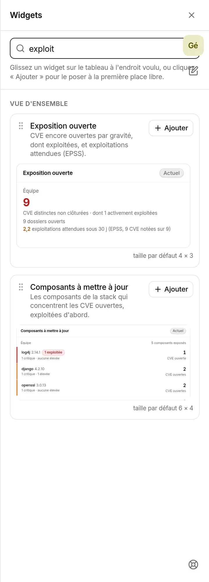 Recherche « exploit » dans le panneau Widgets