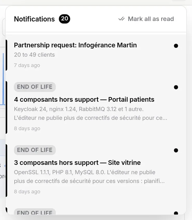 Notifications panel: unread items, category pills, relative dates