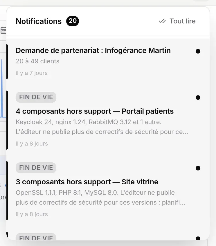 Panneau des notifications : non lues, pastilles de catégorie, dates relatives