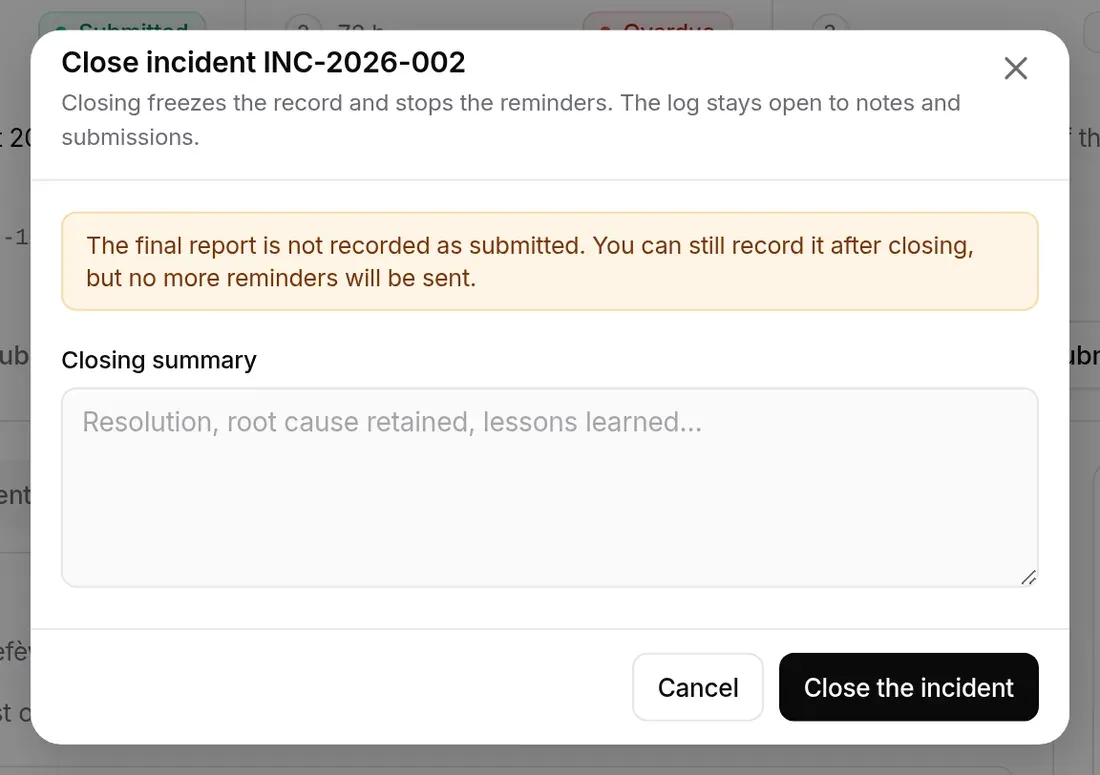 “Close incident INC-2026-002” window: closing summary, warning about the final report