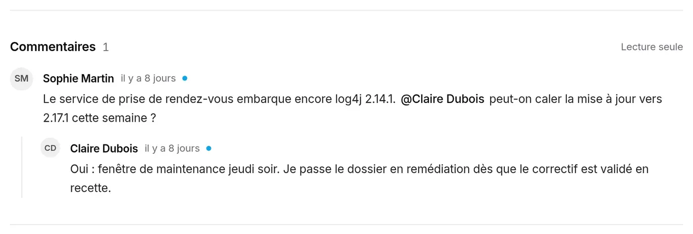 Commentaires vus par Marc Lefèvre : deux messages non lus (point bleu), fil en Lecture seule