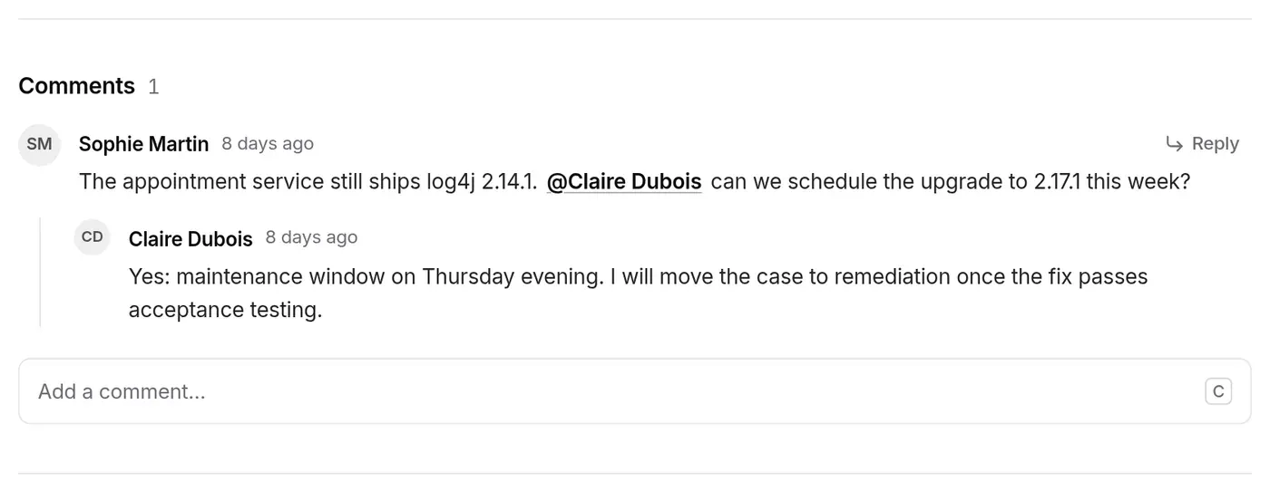 Comment thread: question from Sophie Martin mentioning Claire Dubois, indented reply from Claire Dubois, Reply button on hover, Add a comment… field