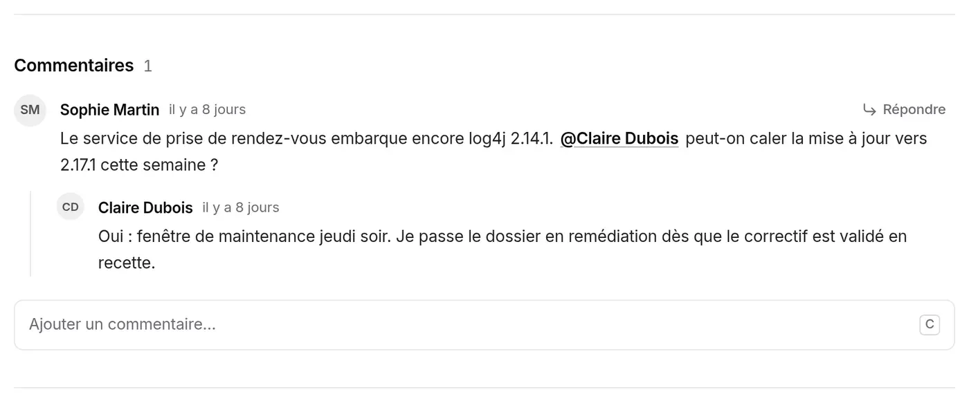 Fil de commentaires : question de Sophie Martin qui mentionne Claire Dubois, réponse en retrait de Claire Dubois, bouton Répondre au survol, champ Ajouter un commentaire…