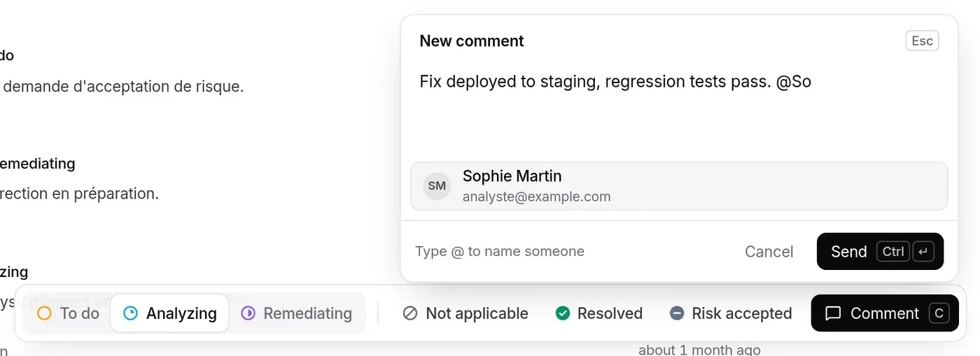 Mention in progress: “@So” typed, Sophie Martin suggested