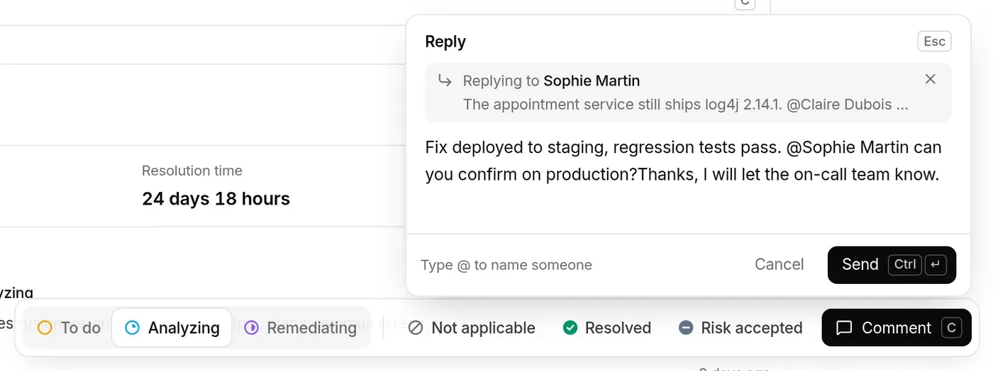Composer in Reply mode: Replying to Sophie Martin reminder, reply draft