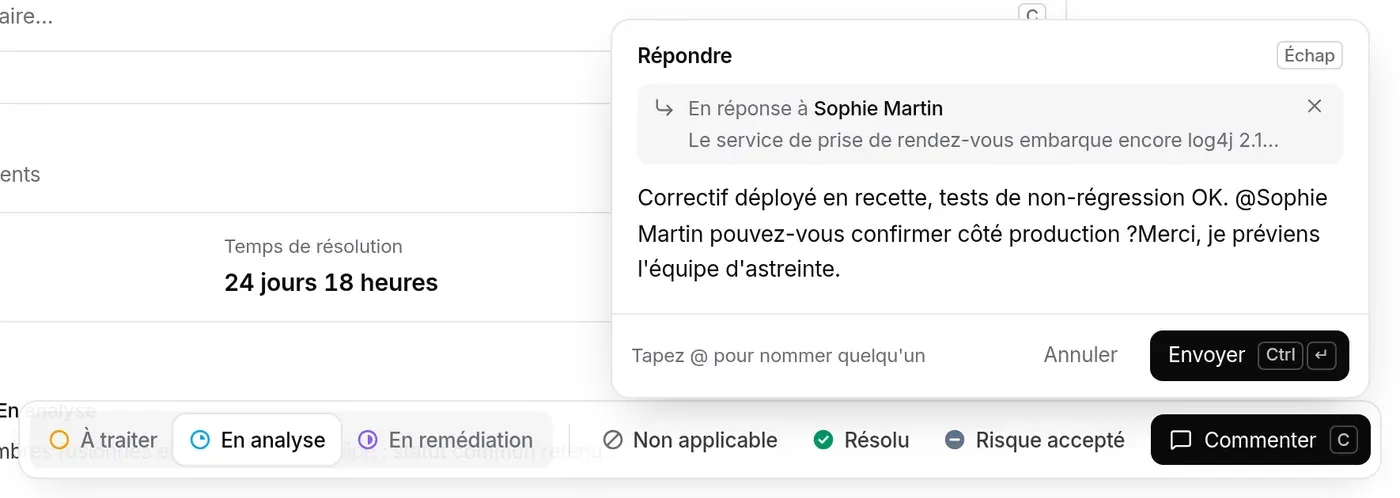 Composeur en mode Répondre : rappel En réponse à Sophie Martin, brouillon de réponse