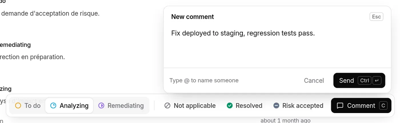 New comment composer open above the tracking bar, draft typed, Cancel and Send (Ctrl ↵) buttons