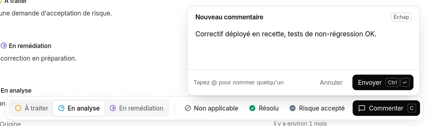 Composeur Nouveau commentaire ouvert au-dessus de la barre de suivi, brouillon saisi, boutons Annuler et Envoyer (Ctrl ↵)