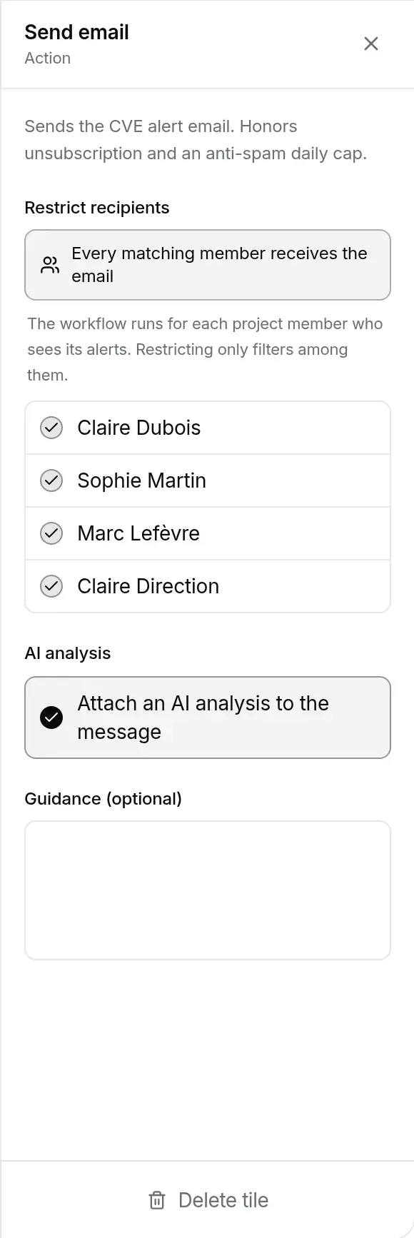 Send email action panel: recipients, AI analysis and guidance