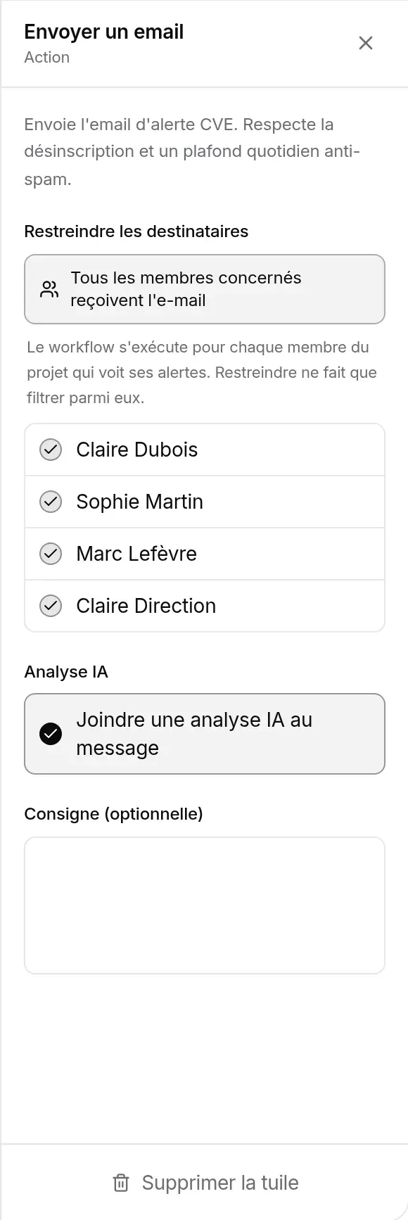 Panneau de l’action Envoyer un email : destinataires, analyse IA et consigne
