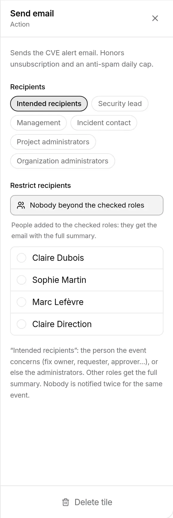 Send email tile settings in a NIS2 workflow: recipients by role and added people
