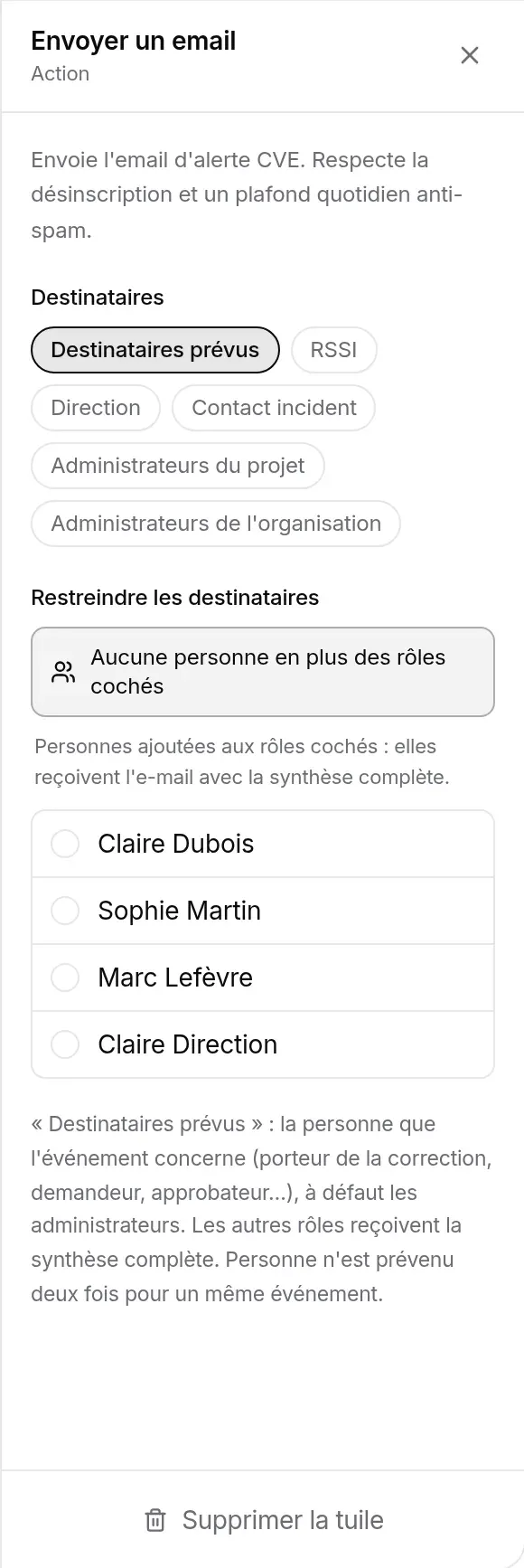 Réglages de la tuile Envoyer un email d’un workflow NIS2 : destinataires par rôle et personnes ajoutées