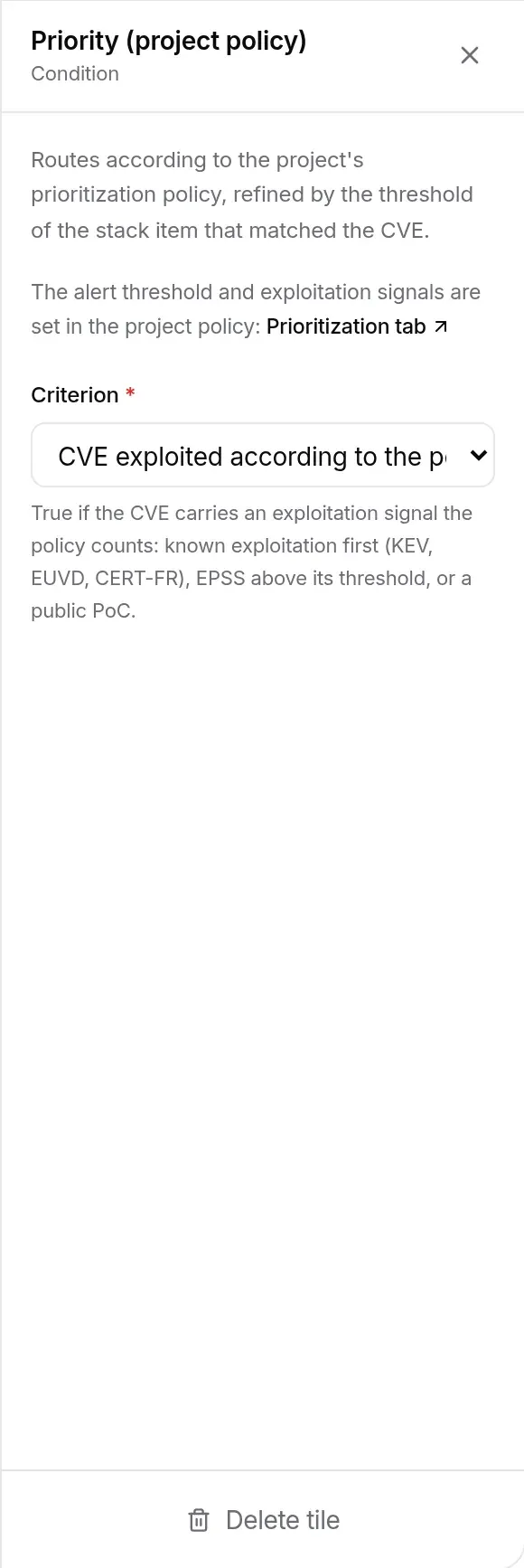 Priority condition panel: chosen criterion with its explanation, link to the Prioritization tab