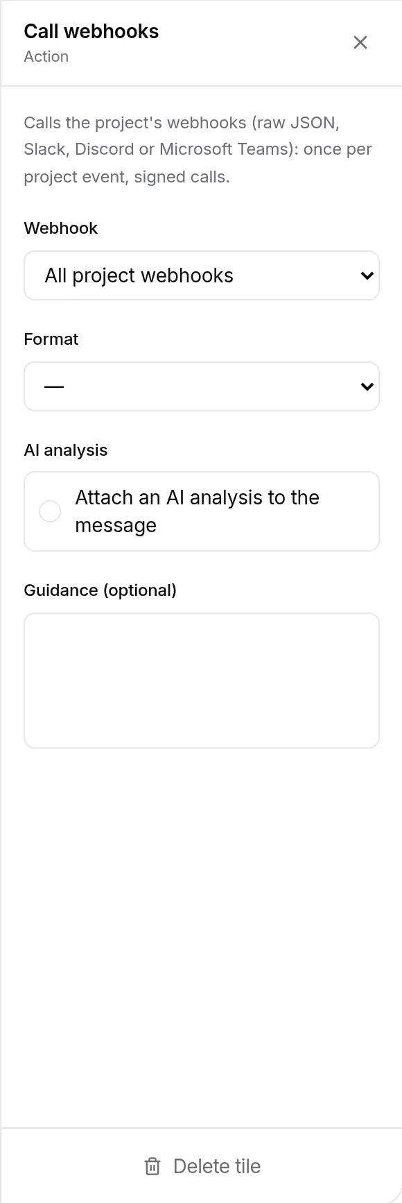 Call webhooks action panel: webhook and format