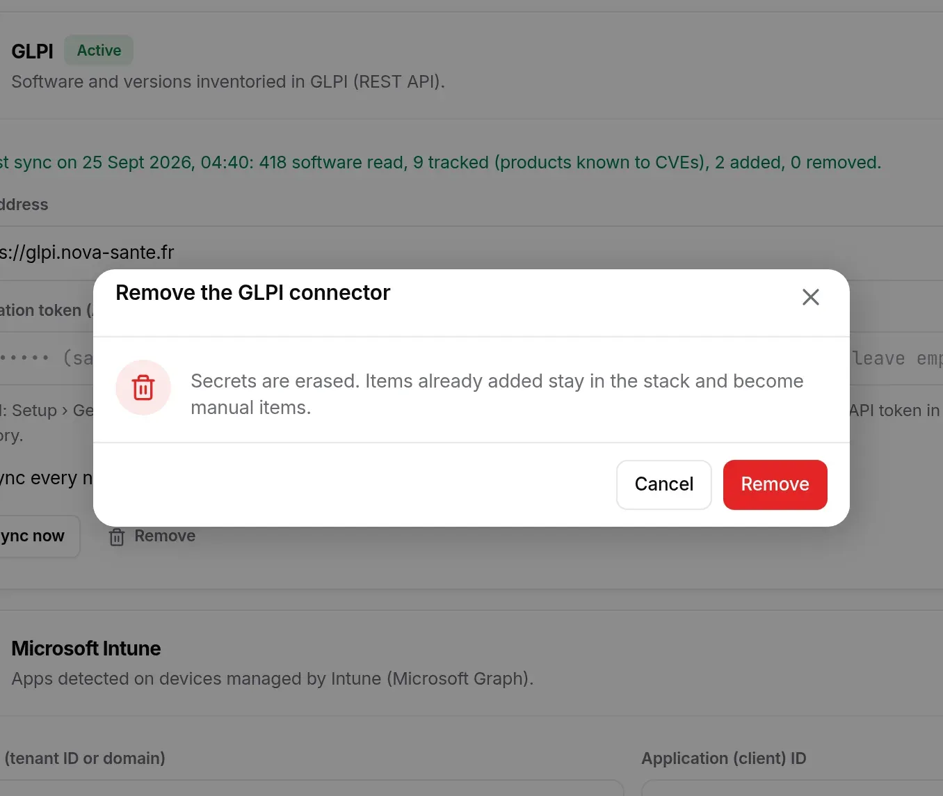 Confirmation to remove the GLPI connector