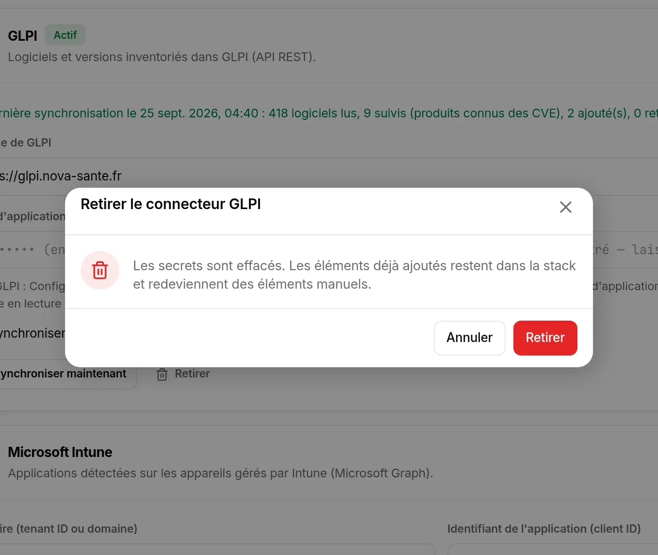 Confirmation de retrait du connecteur GLPI