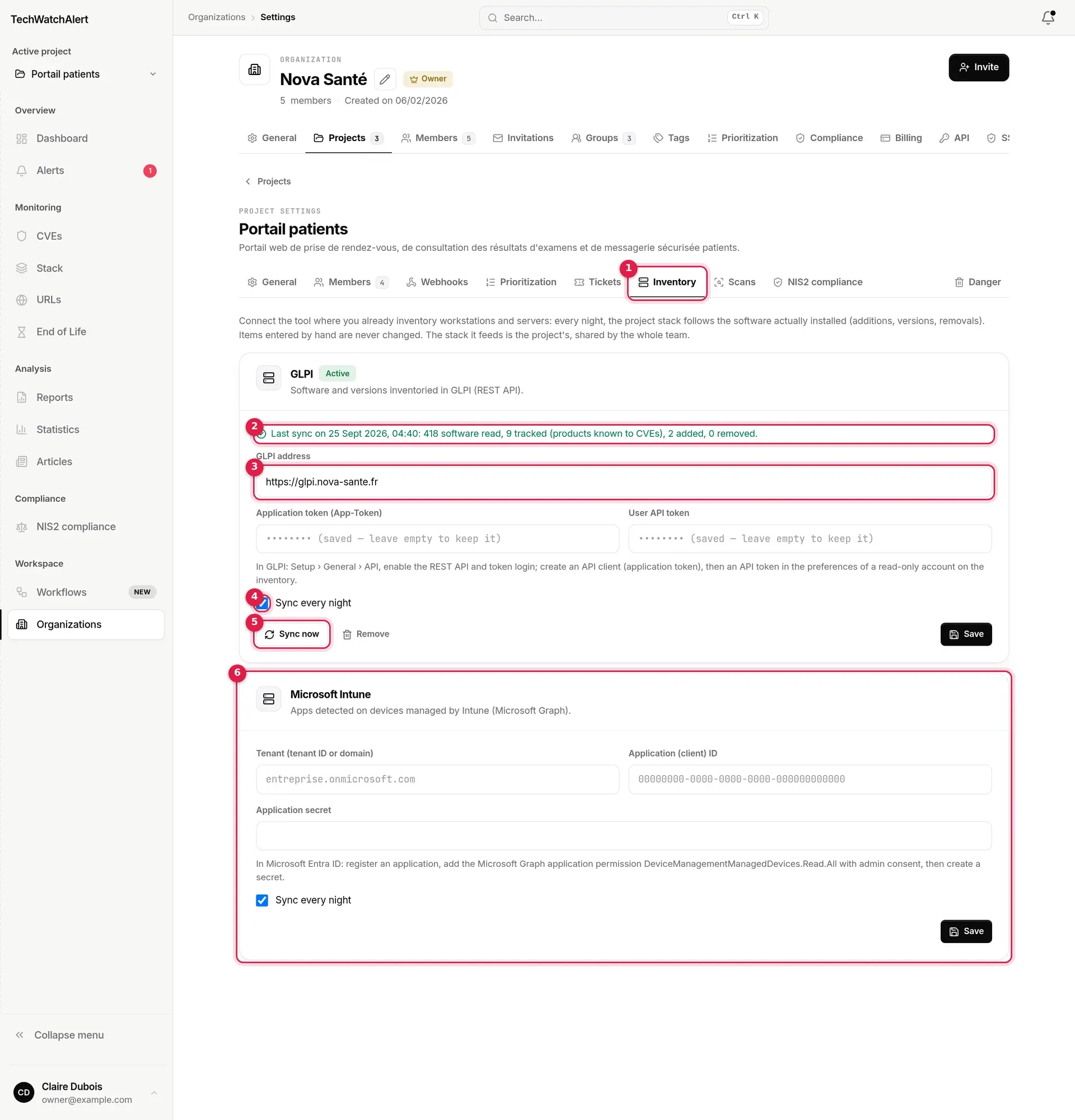 Inventory section of the Portail patients project settings: GLPI connector active, Intune connector to configure