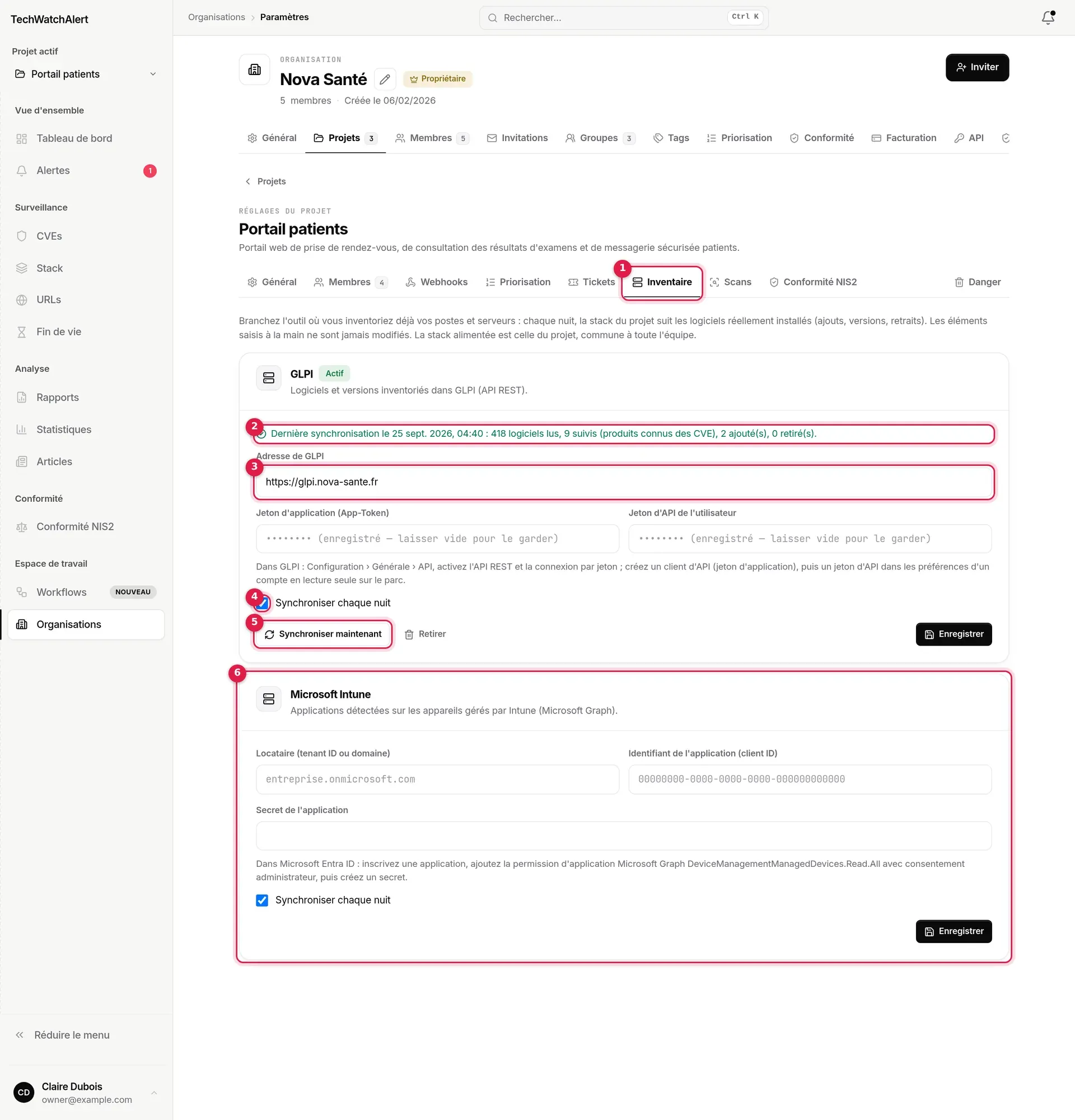Onglet Inventaire des réglages du projet Portail patients : connecteur GLPI actif et connecteur Intune à configurer