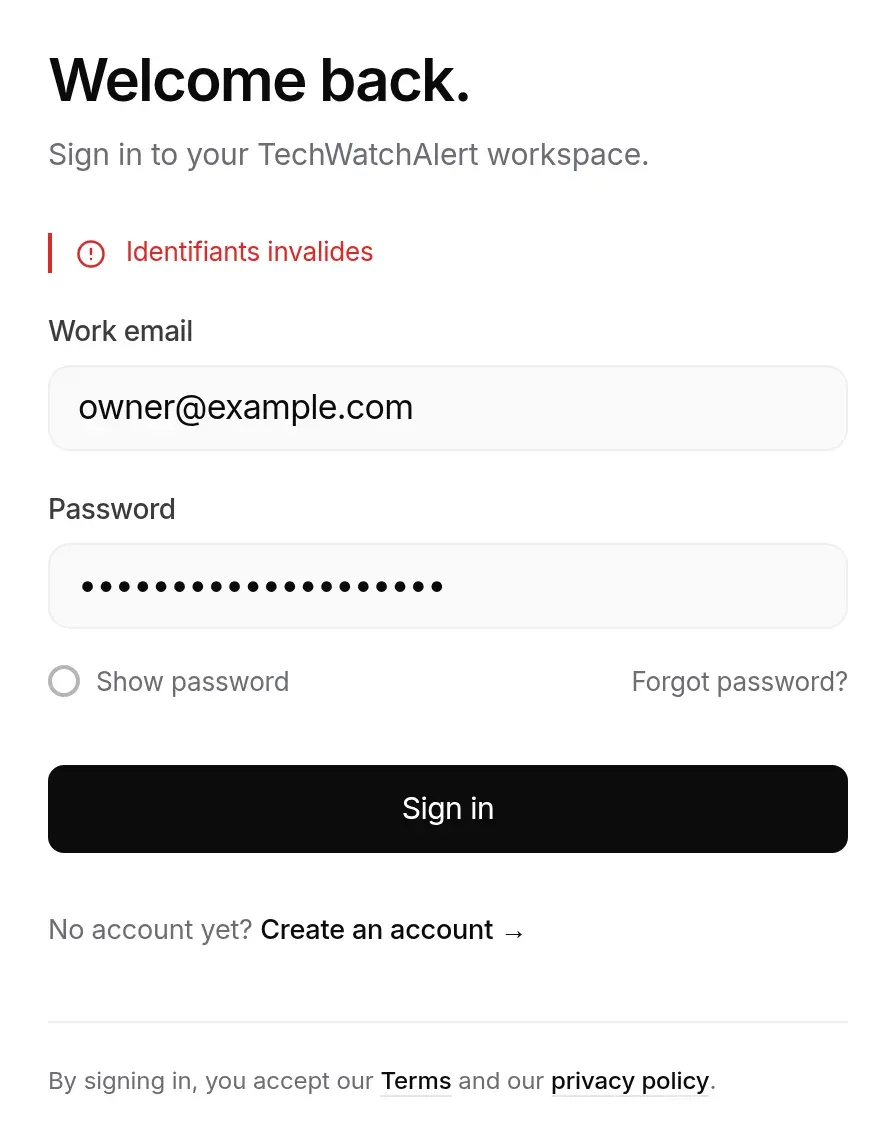 Sign-in refused: “Identifiants invalides” (invalid credentials)